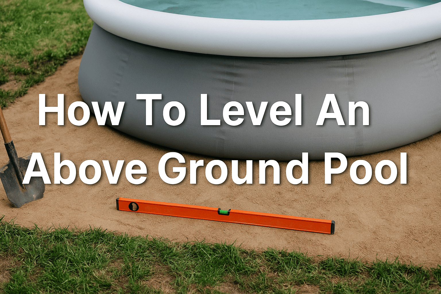 above-ground-container-pool-orange-spirit-level-on-compacted-sand-beside-inflatable-pool-and-shovel