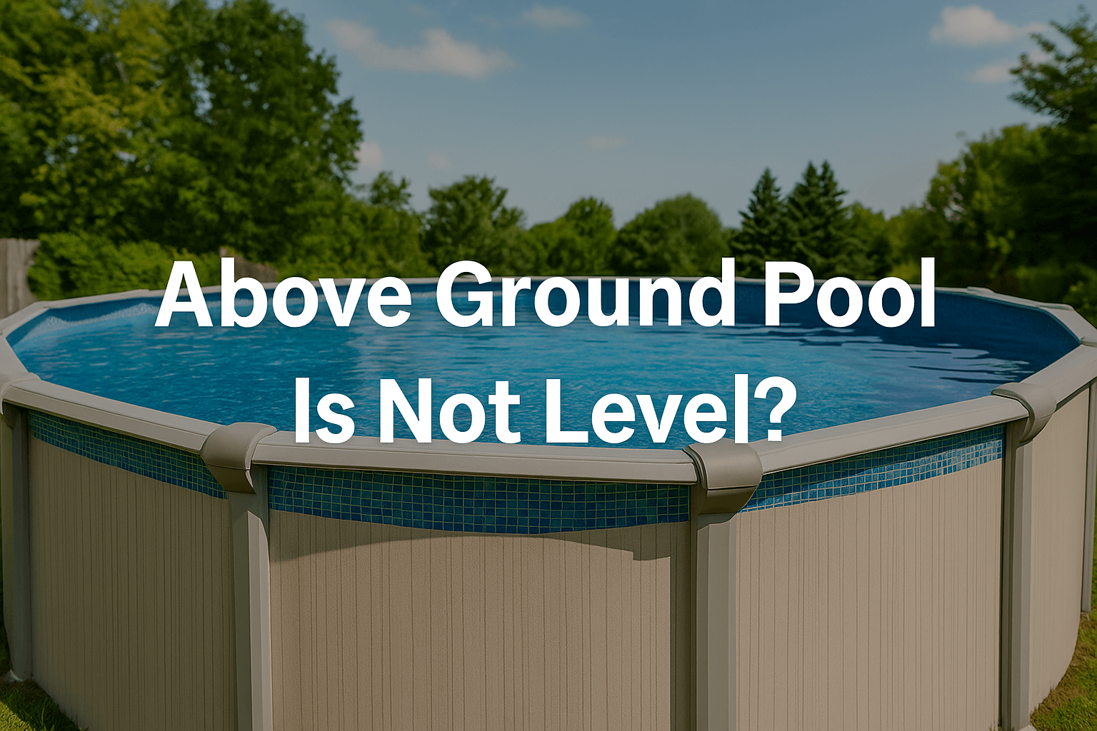 above-ground-pool-with-deck-slightly-tilted-in-backyard-with-clear-blue-sky-and-green-trees