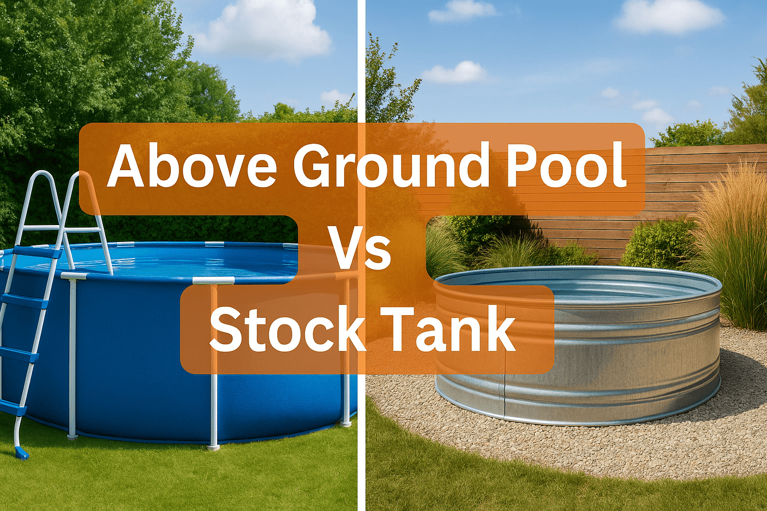 above-ground-swimming-pool-uk-vs-stock-tank-pool-side-by-side-comparison-with-centred-title-text-on-orange-background-in-garden-setting