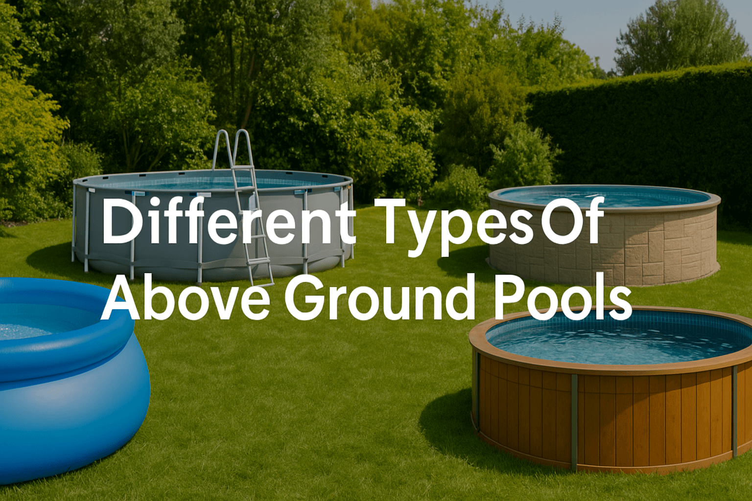 permanent-above-ground-pools-in-garden-setting-with-different-pool-types-inflatable-metal-frame-resin-and-wood-wall-pools-under-sunny-sky