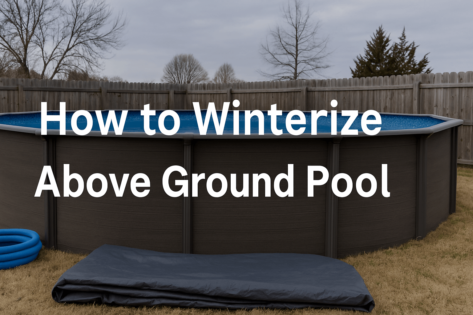 how-to-winterize-above-ground-container-pool-banner-with-covered-pool-air-pillow-blue-hose-and-leafless-trees-in-background