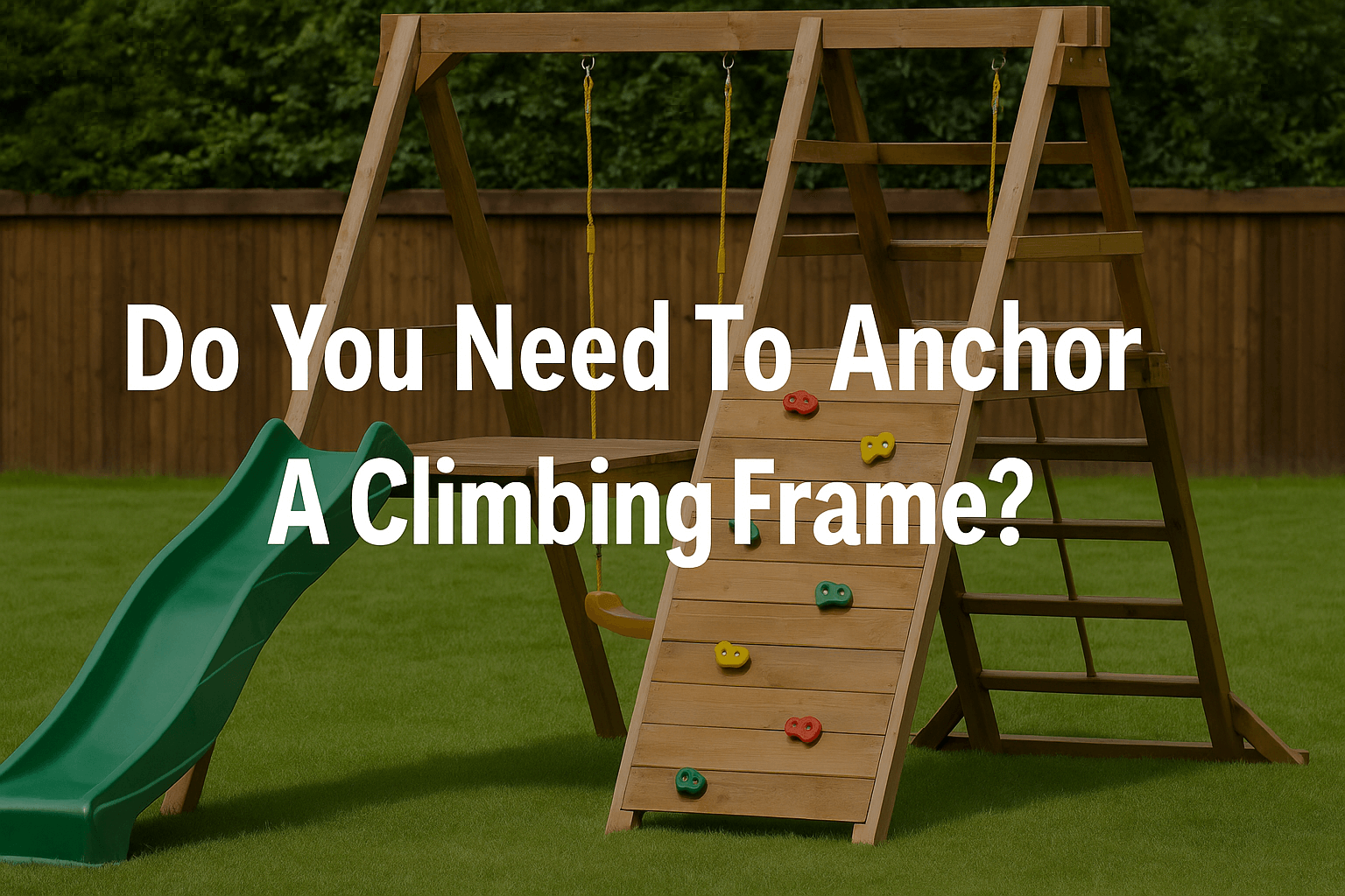 a-photograph-of-a-wooden-climbing-frame-on-green-grass-with-swing-slide-and-colourful-climbing-wall-text-overlay-says-do-you-need-to-anchor-a-climbing-frame-in-centre-of-image