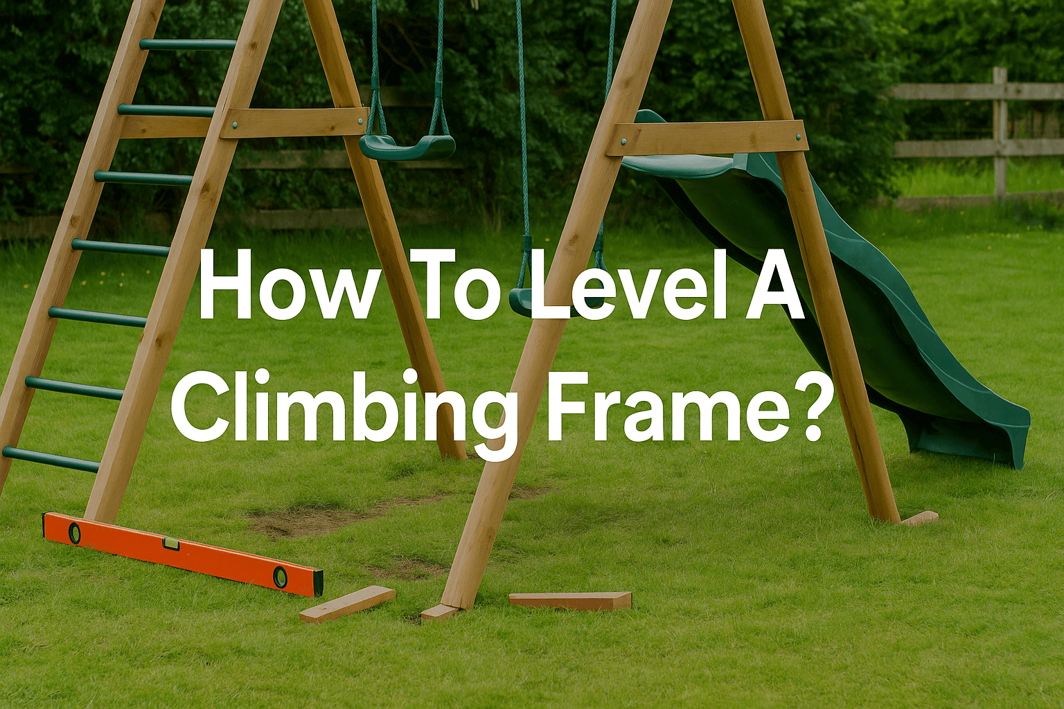 how-to-level-a-climbing-frame-banner-image-showing-unlevel-climbing-frame-in-garden-with-tools-and-text-overlay