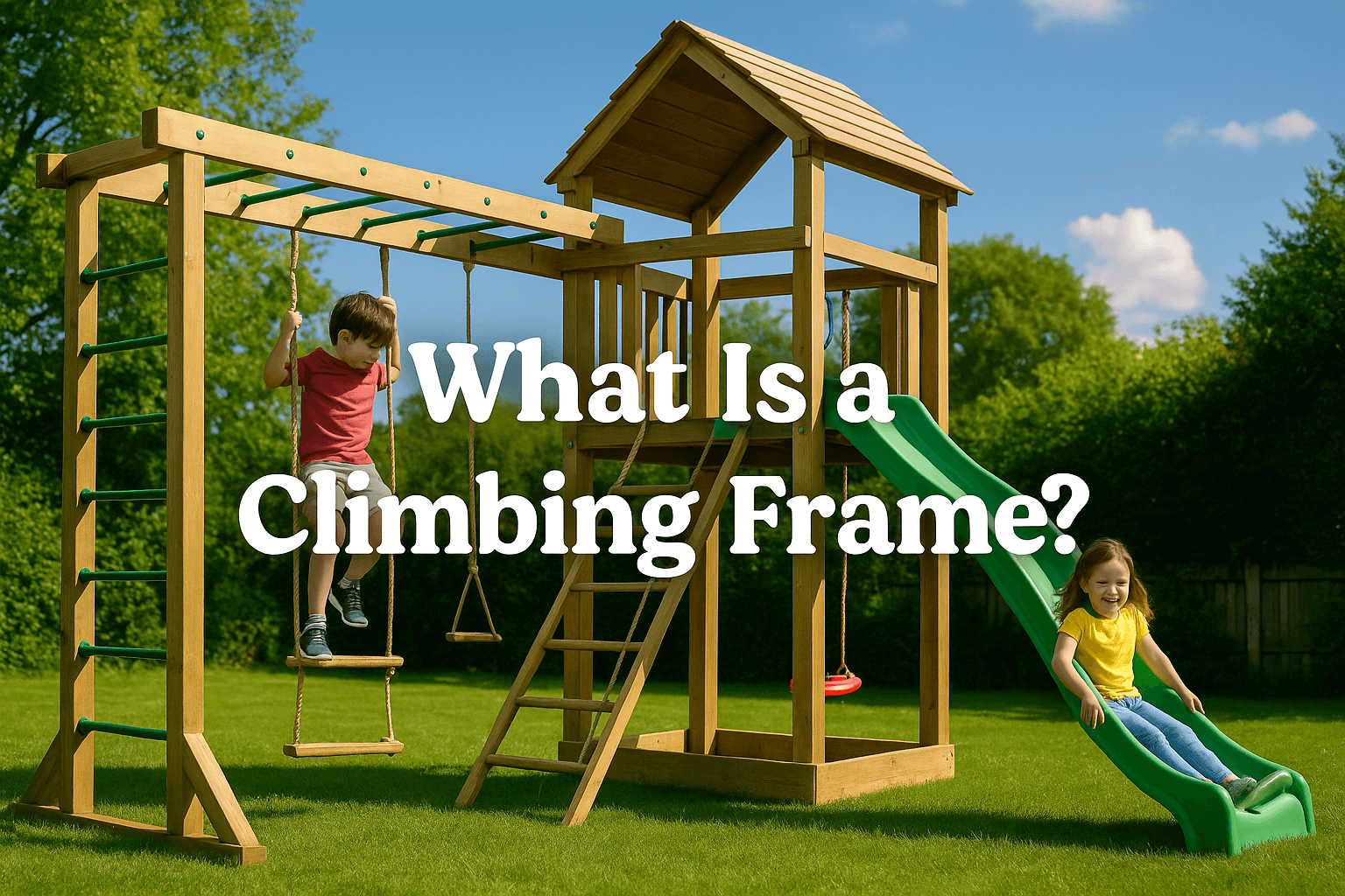 two-children-playing-on-a-wooden-climbing-frame-in-a-sunny-backyard-with-bold-centred-text-reading-what-is-a-climbing-frame