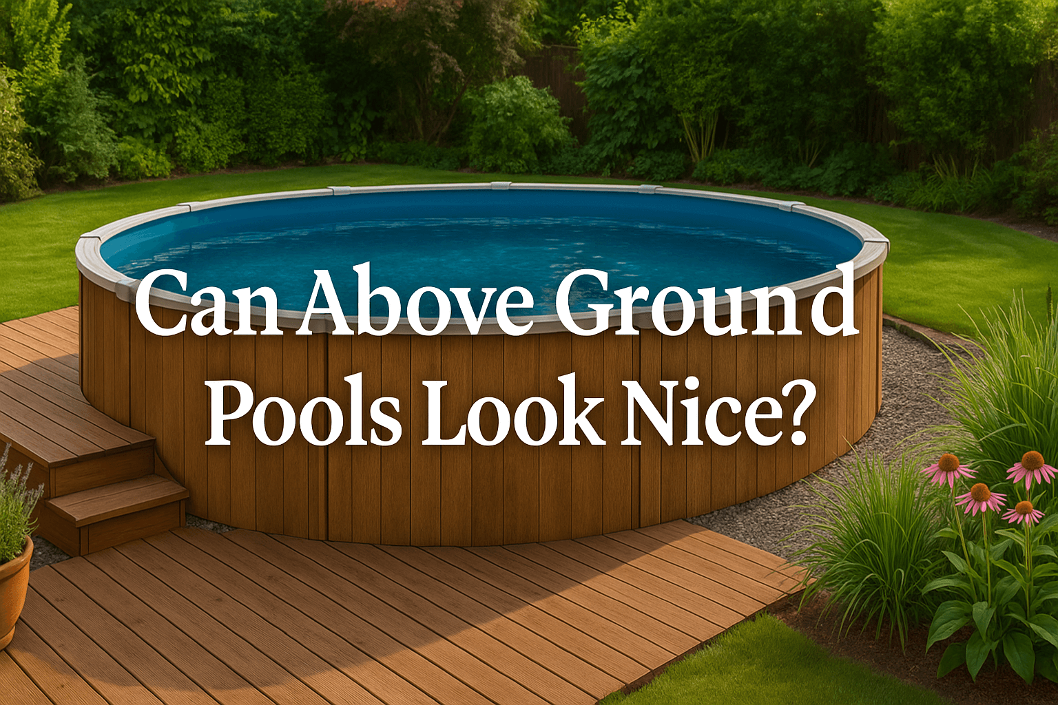 a-photograph-showcases-an-above-ground-swimming-pool-with-wooden-decking-and-surrounding-garden-features-under-summer-lighting