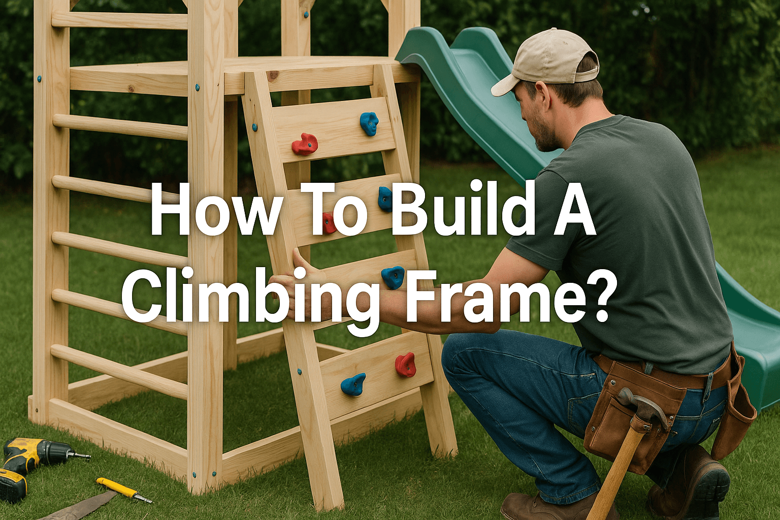 how-to-build-a-climbing-frame-realistic-backyard-scene-man-assembling-wooden-structure-with-tools-grass-and-slide