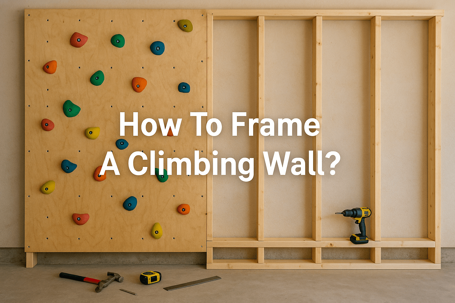 how-to-frame-a-climbing-wall-indoor-diy-construction-with-plywood-panels-wooden-studs-and-tools-on-floor