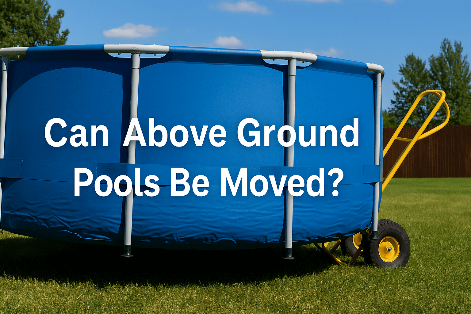 hand-truck-and-blue-deep-above-ground-pool-and-green-garden