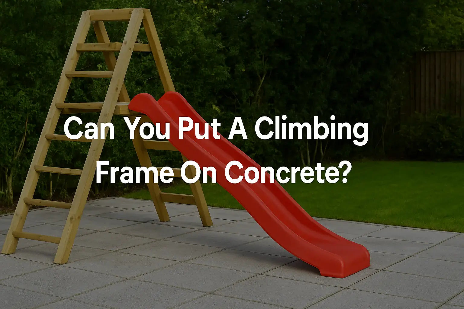 a-wooden-climbing-frame-with-red-slide-mounted-on-concrete-in-a-garden-with-text-can-you-put-a-climbing-frame-on-concrete-centered