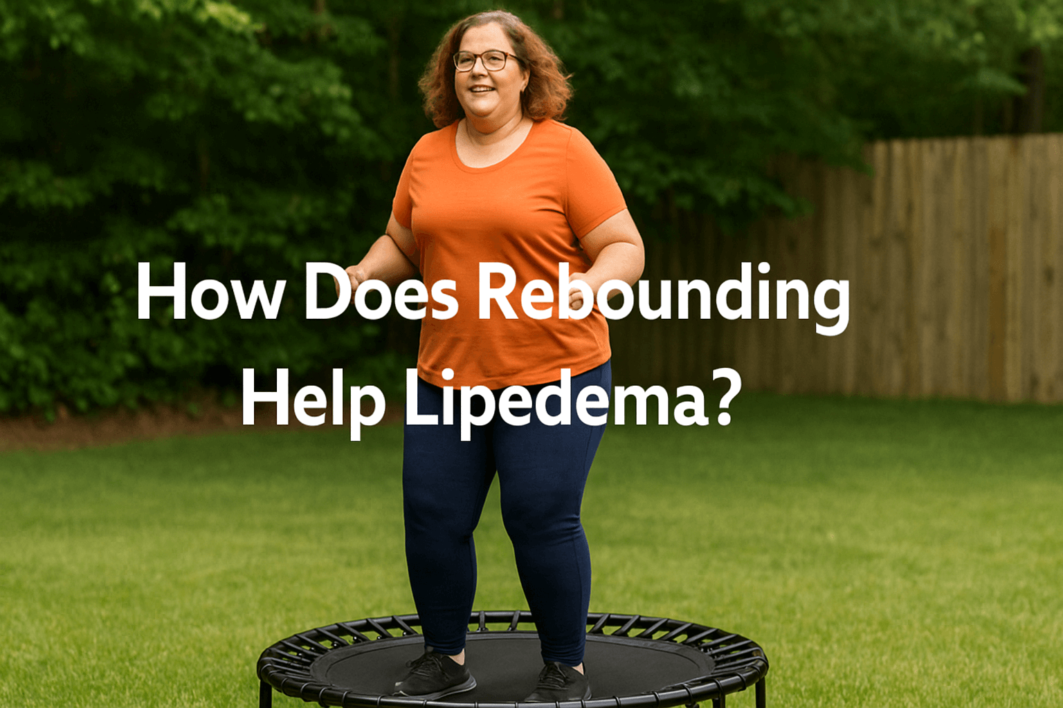 woman-with-lipedema-smiling-and-bouncing-on-mini-trampoline-in-backyard-wearing-orange-shirt-navy-leggings-and-black-shoes-text-how-does-rebounding-help-lipedema-centered