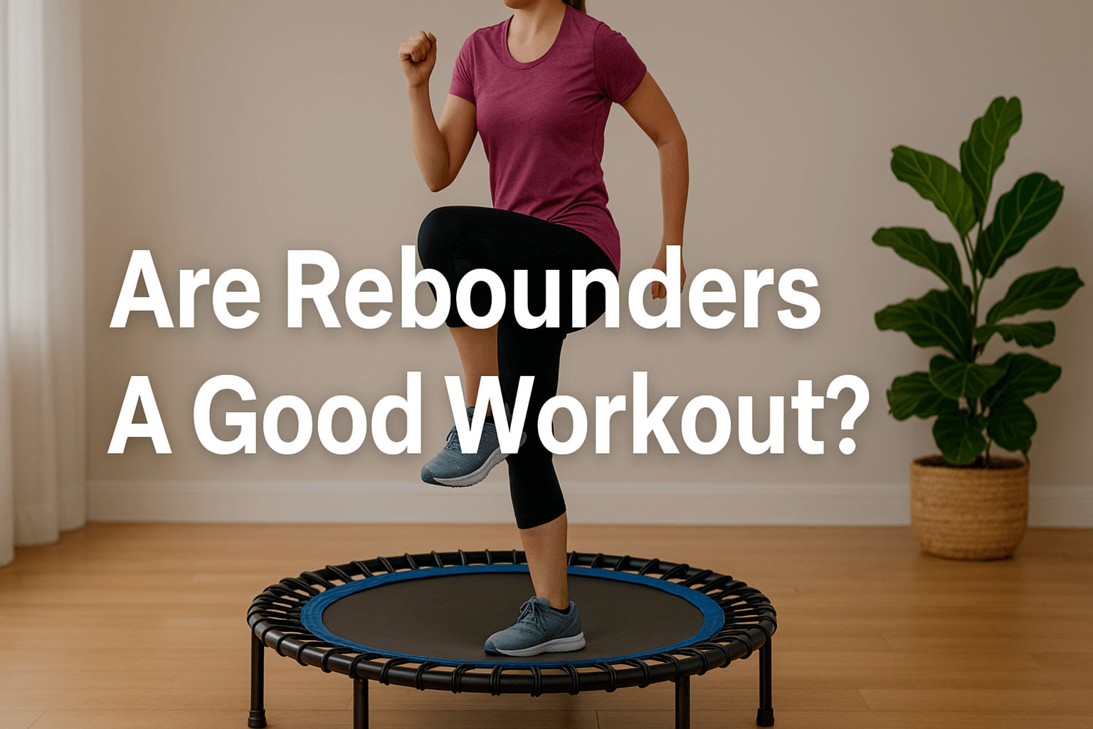 woman-exercising-on-rebounder-mini-trampoline-indoor-fitness-banner-with-title-are-rebounders-a-good-workout-centered-text-showing-rebounder-trampoline-benefits