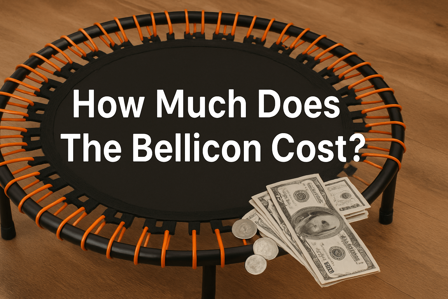 bellicon-mini-trampoline-on-wooden-floor-with-orange-bungees-us-dollars-and-coins-in-corner-text-how-much-does-the-bellicon-cost-centered-in-white