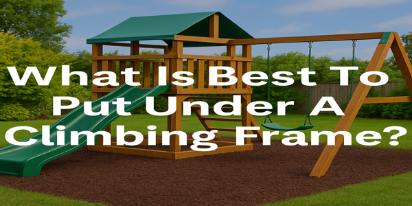 wooden-climbing-frame-in-garden-with-green-slide-and-swing-set-on-rubber-mulch-surface-text-overlay-what-is-best-to-put-under-a-climbing-frame