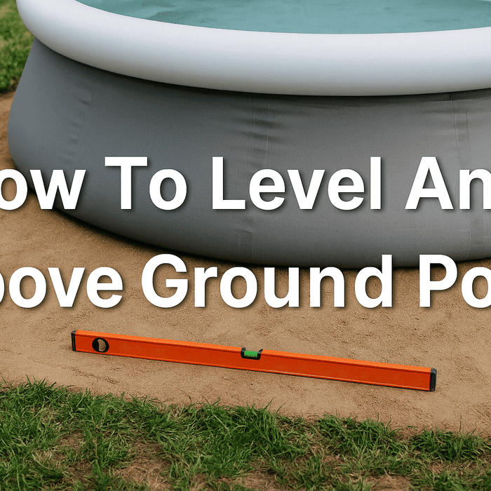 above-ground-container-pool-orange-spirit-level-on-compacted-sand-beside-inflatable-pool-and-shovel