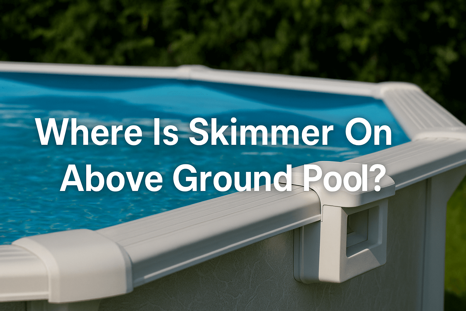 above-ground-pool-skimmer-attached-to-pool-wall-with-clear-blue-water-sunny-weather-greenery-in-background