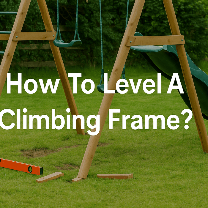 how-to-level-a-climbing-frame-banner-image-showing-unlevel-climbing-frame-in-garden-with-tools-and-text-overlay