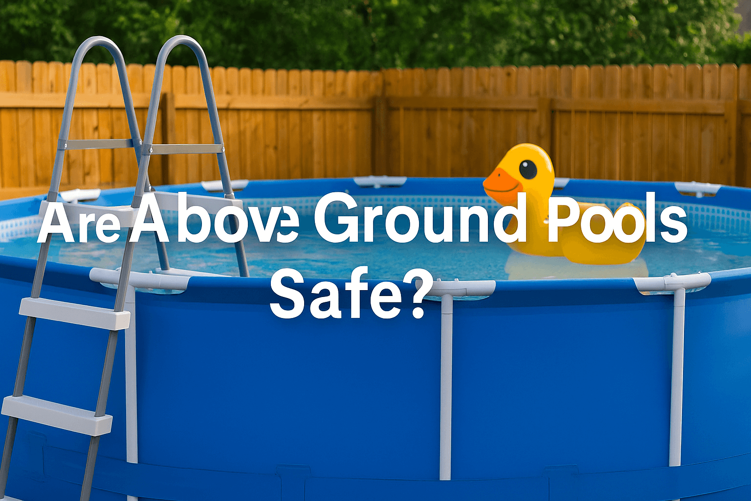 are-above-ground-pools-safe-question-centred-over-blue-above-ground-pool-with-ladder-yellow-inflatable-duck-and-wooden-fence-in-background
