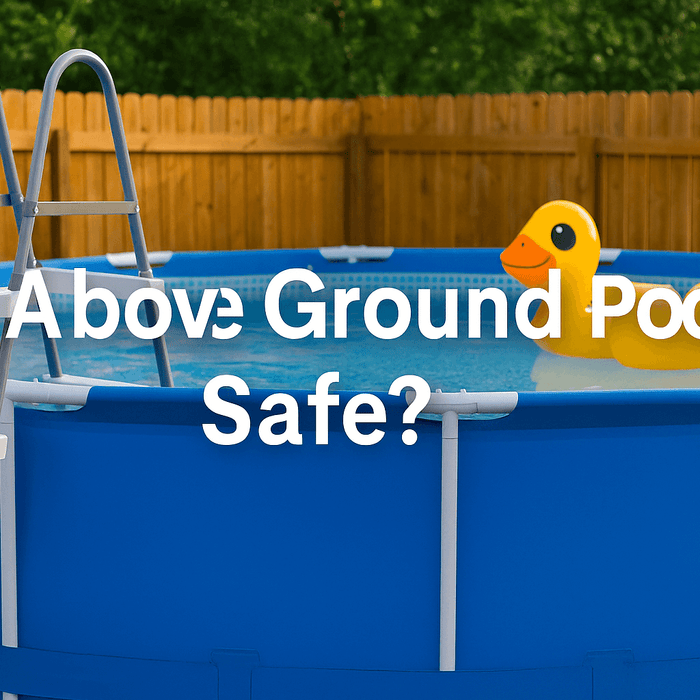are-above-ground-pools-safe-question-centred-over-blue-above-ground-pool-with-ladder-yellow-inflatable-duck-and-wooden-fence-in-background