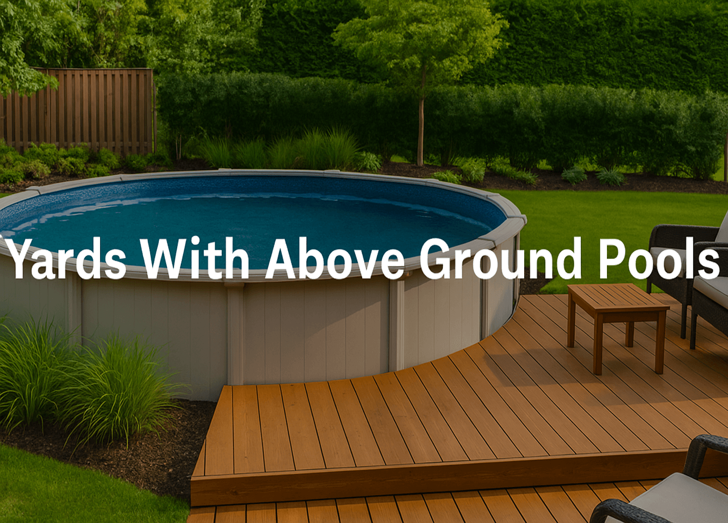 a-backyard-with-an-above-ground-pool-surrounded-by-wooden-decking-greenery-and-outdoor-seating-with-text-yards-with-above-ground-pools-centred-on-the-image