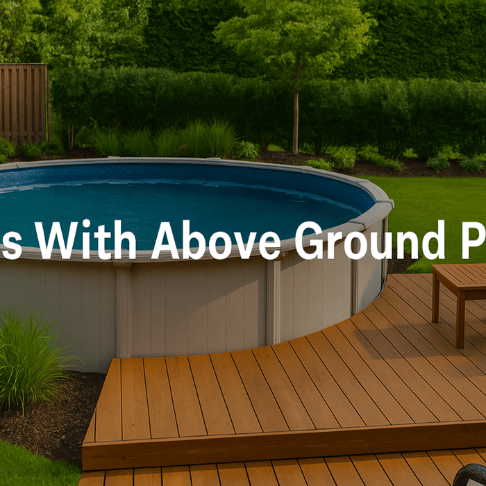 a-backyard-with-an-above-ground-pool-surrounded-by-wooden-decking-greenery-and-outdoor-seating-with-text-yards-with-above-ground-pools-centred-on-the-image