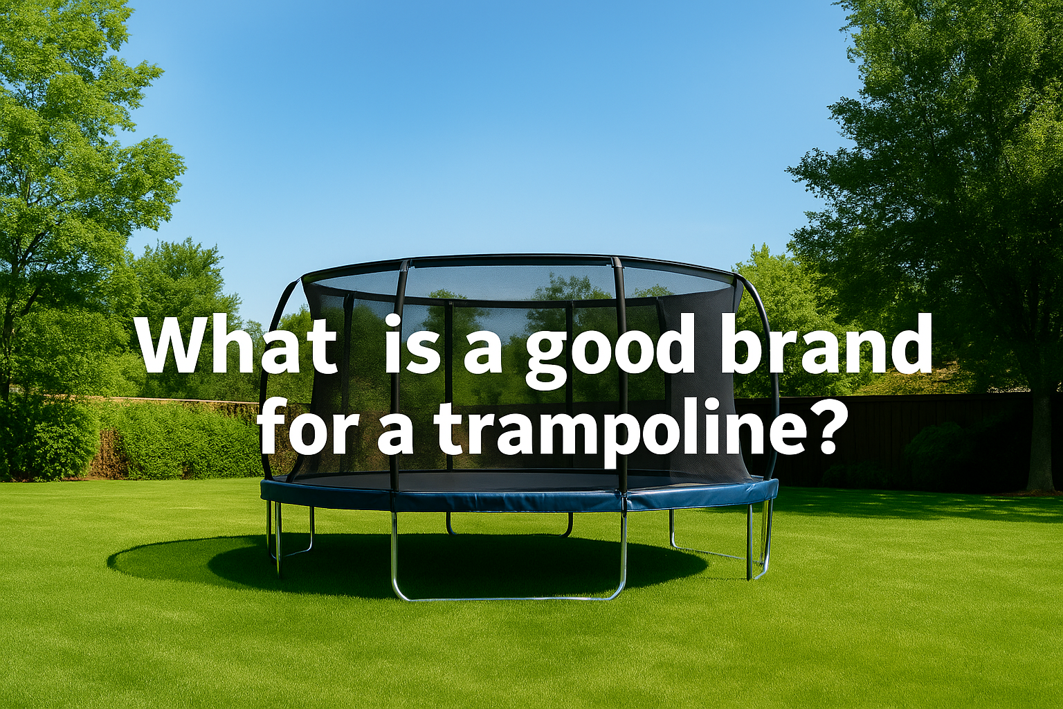 what-is-a-good-brand-for-a-trampoline-centered-white-text-over-trampoline-on-green-lawn-in-realistic-garden-scene