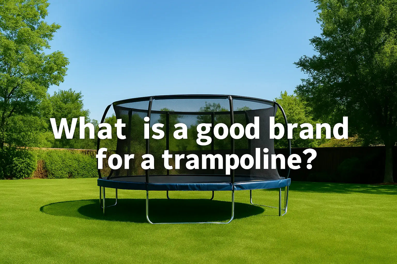 what-is-a-good-brand-for-a-trampoline-centered-white-text-over-trampoline-on-green-lawn-in-realistic-garden-scene