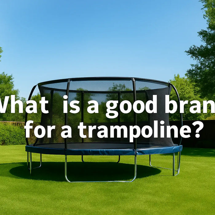 what-is-a-good-brand-for-a-trampoline-centered-white-text-over-trampoline-on-green-lawn-in-realistic-garden-scene