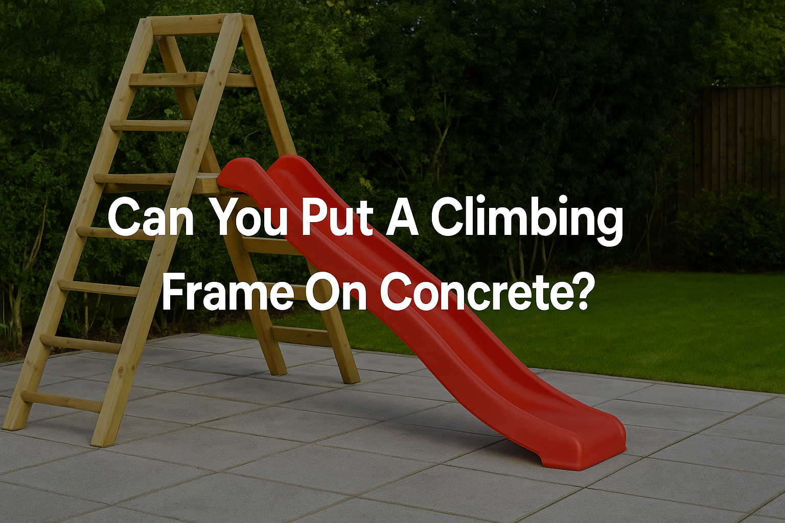 a-wooden-climbing-frame-with-red-slide-mounted-on-concrete-in-a-garden-with-text-can-you-put-a-climbing-frame-on-concrete-centered