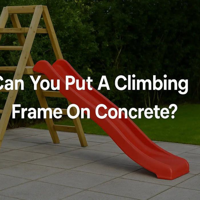 a-wooden-climbing-frame-with-red-slide-mounted-on-concrete-in-a-garden-with-text-can-you-put-a-climbing-frame-on-concrete-centered