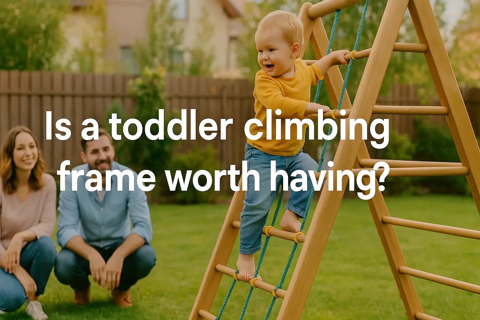 toddler-climbing-a-wooden-frame-in-garden-smiling-parents-watching-with-blog-title-is-a-toddler-climbing-frame-worth-having