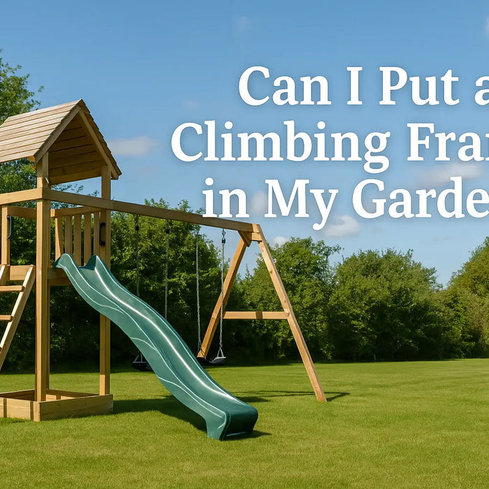 can-i-put-a-climbing-frame-in-my-garden-banner-image-featuring-wooden-play-structure-with-slide-swings-and-ladder-in-green-garden-under-blue-sky
