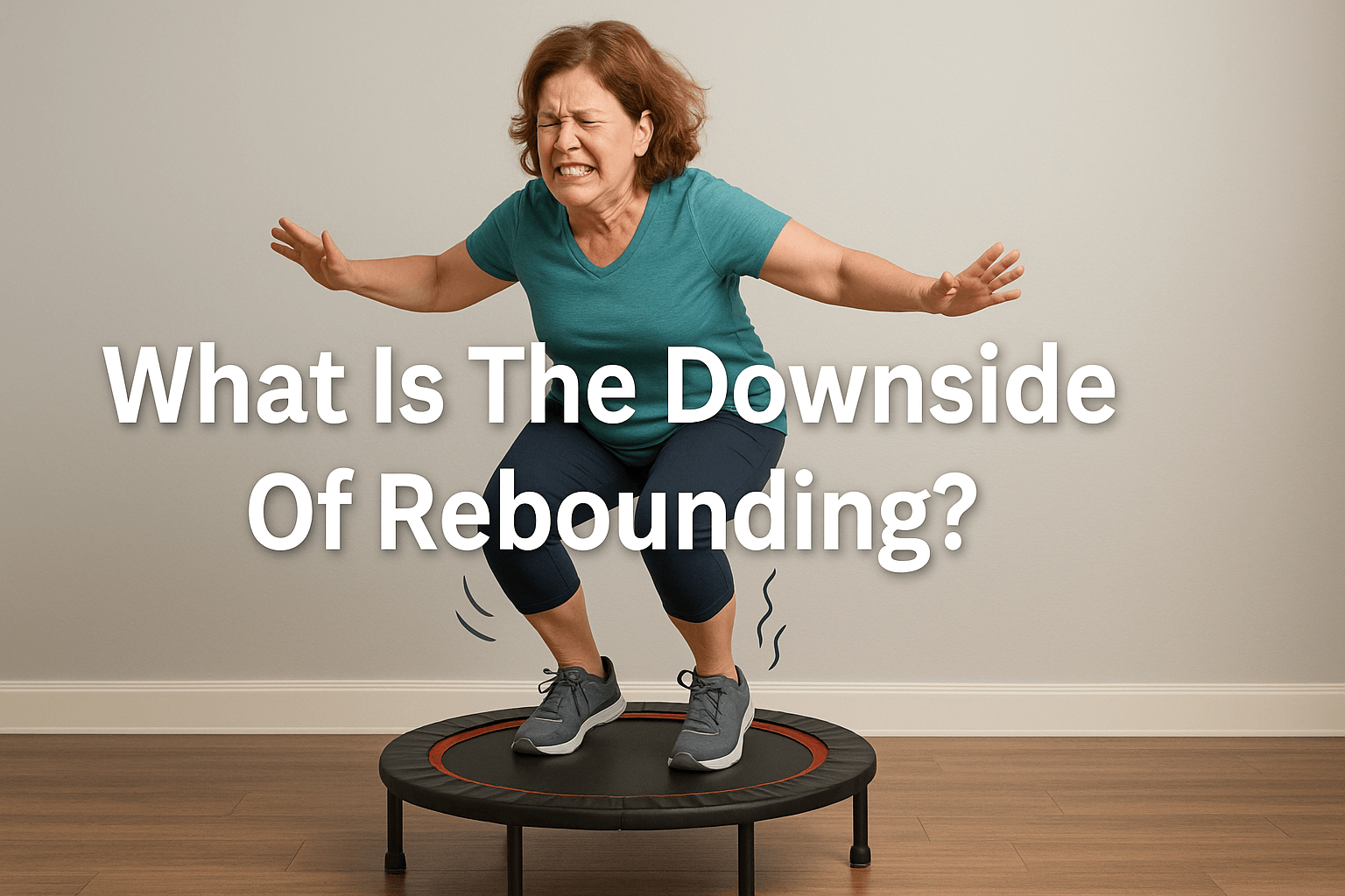 middle-aged-woman-struggling-to-balance-on-rebounder-uk-indoor-wooden-floor-wearing-teal-top-and-navy-leggings