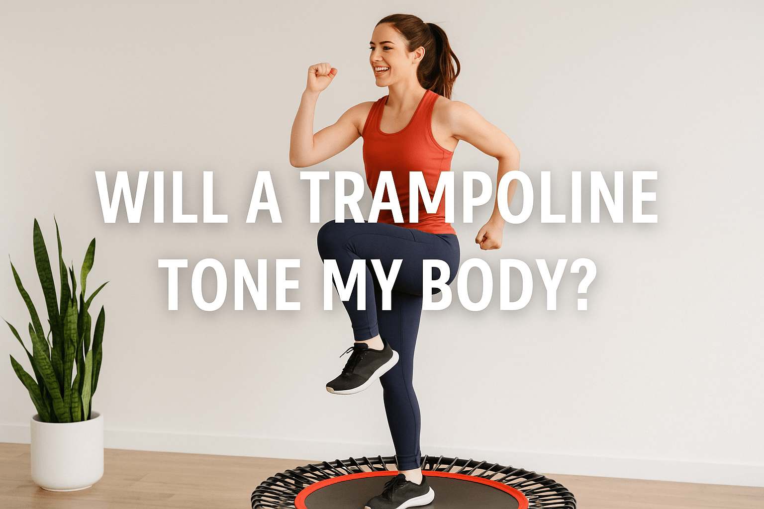 woman-exercising-on-rebounder-UK-in-bright-room-wearing-orange-top-and-navy-leggings-smiling-while-doing-cardio-trampoline-workout