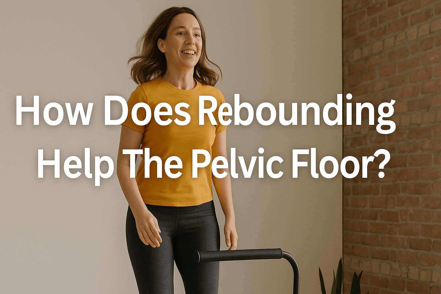 smiling-woman-bouncing-on-rebounder-trampolines-indoor-setting-yellow-top-black-leggings-brick-wall-background-white-centered-text-how-does-rebounding-help-the-pelvic-floor