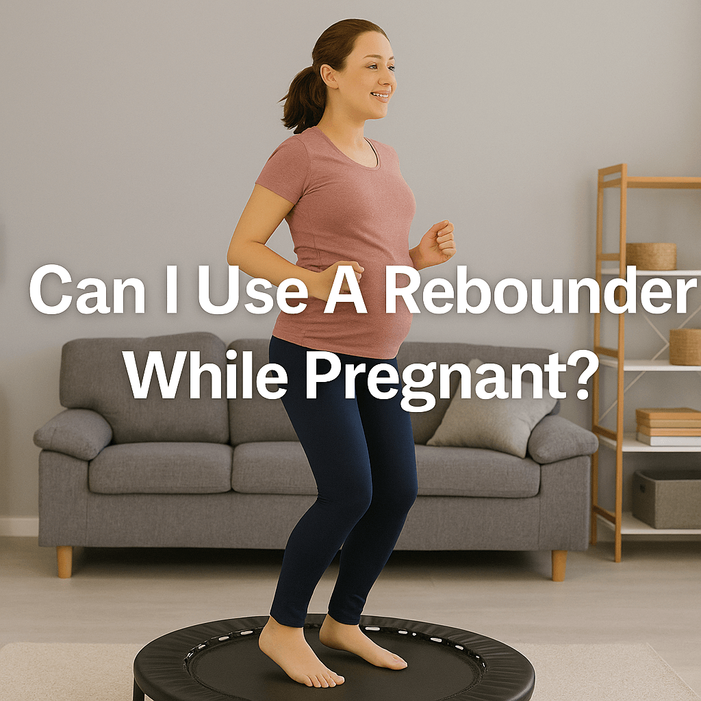pregnant-woman-smiling-on-mini-trampoline-in-living-room-with-center-text-can-i-use-a-rebounder-while-pregnant-trampolines-uk