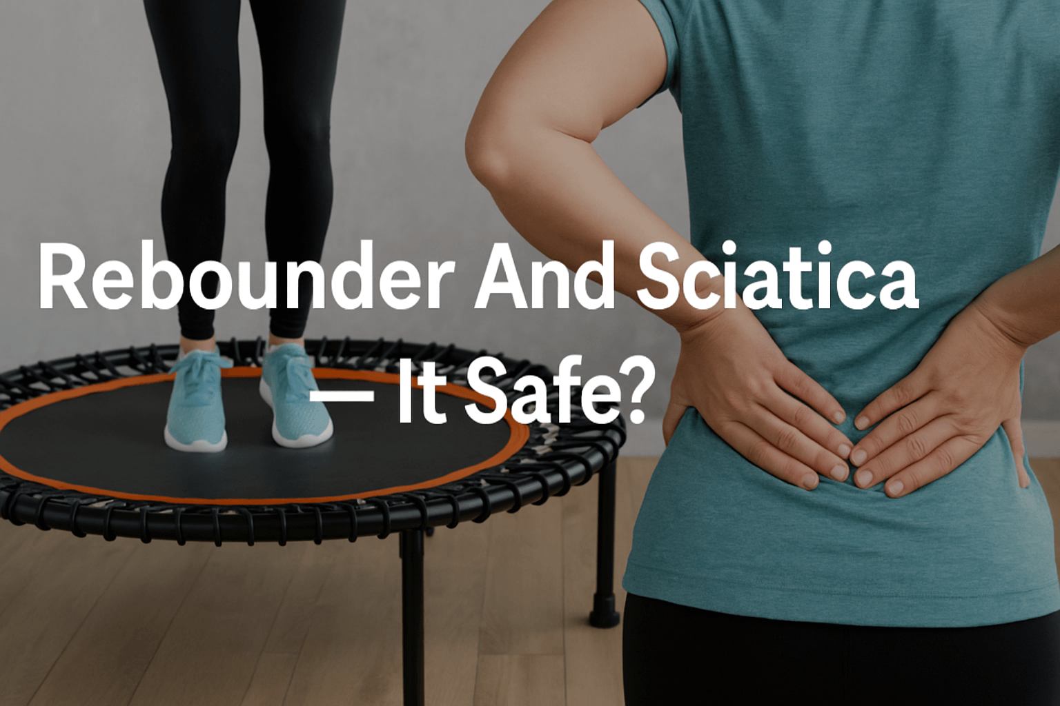 woman-holding-lower-back-in-pain-next-to-fitness-trampoline-with-person-bouncing—blog-banner-text-rebounder-and-sciatica-is-it-safe