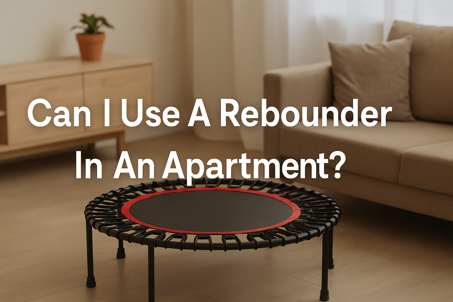 modern-apartment-living-room-with-mini-trampoline-on-mat-wooden-floor-light-sofa-potted-plant-bright-natural-light-blog-title-text-can-i-use-a-rebounder-in-an-apartment-center-aligned
