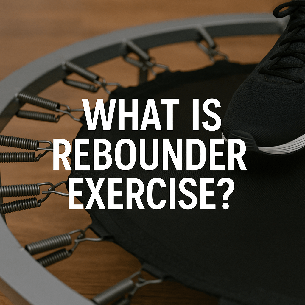 blog-banner-image-showing-a-mini-trampoline-rebounder-with-black-sports-shoe-wood-floor-background-centred-text-what-is-rebounder-exercise-rebounding