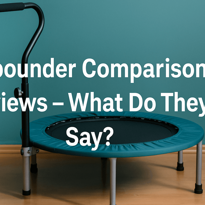 best-rebounder-comparison-reviews-banner-image-showing-mini-trampoline-with-handlebar-on-wood-floor-teal-background-white-text-in-centre-reading-rebounder-comparison-reviews-what-do-they-say