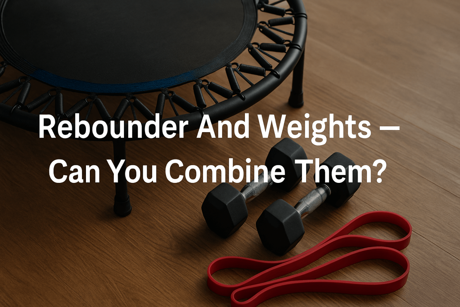 rebounder-for-adults-with-dumbbells-and-resistance-bands-on-wooden-floor-banner-image-with-text-rebounder-and-weights-can-you-combine-them