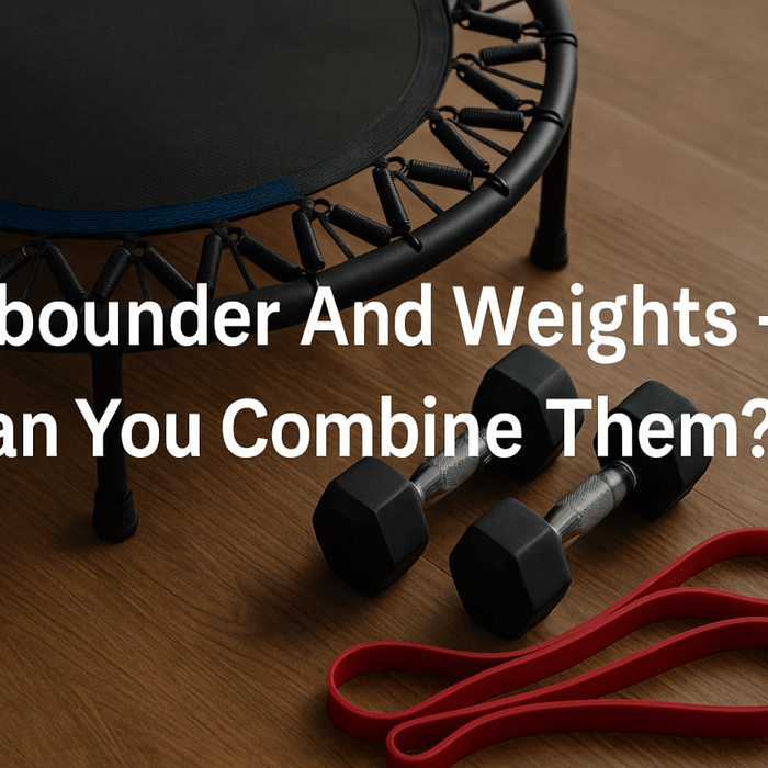 rebounder-for-adults-with-dumbbells-and-resistance-bands-on-wooden-floor-banner-image-with-text-rebounder-and-weights-can-you-combine-them