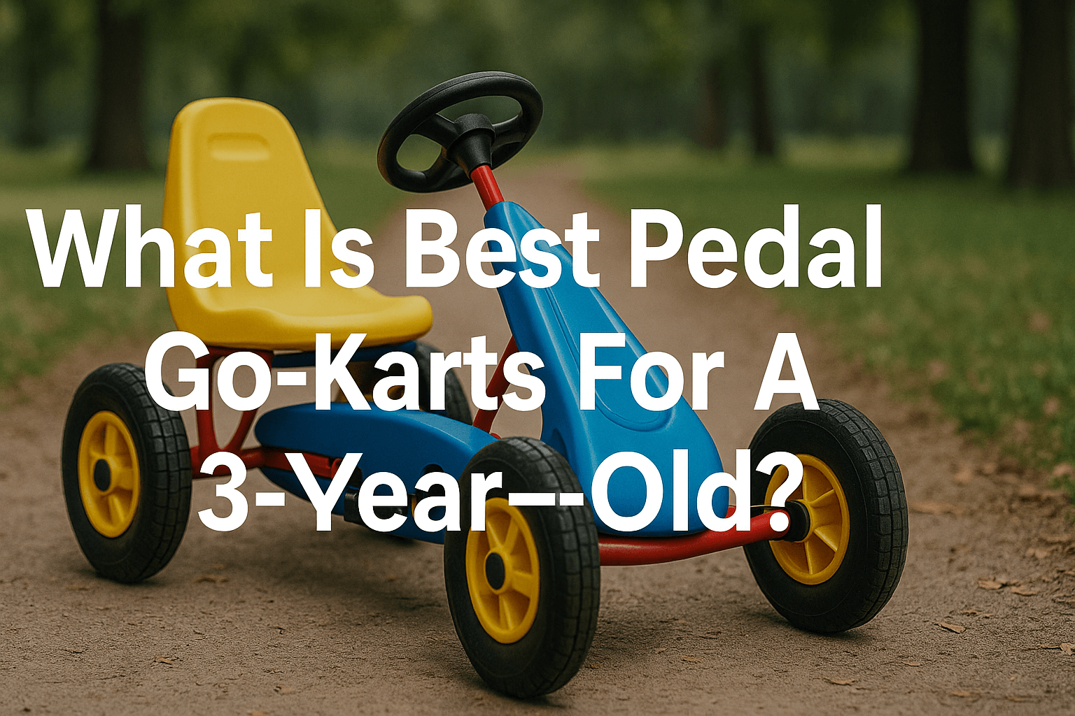 colourful-pedal-go-karts-for-toddlers-in-park-with-yellow-seat-blue-frame-and-centered-text-what-is-best-pedal-go-karts-for-a-3-year-old