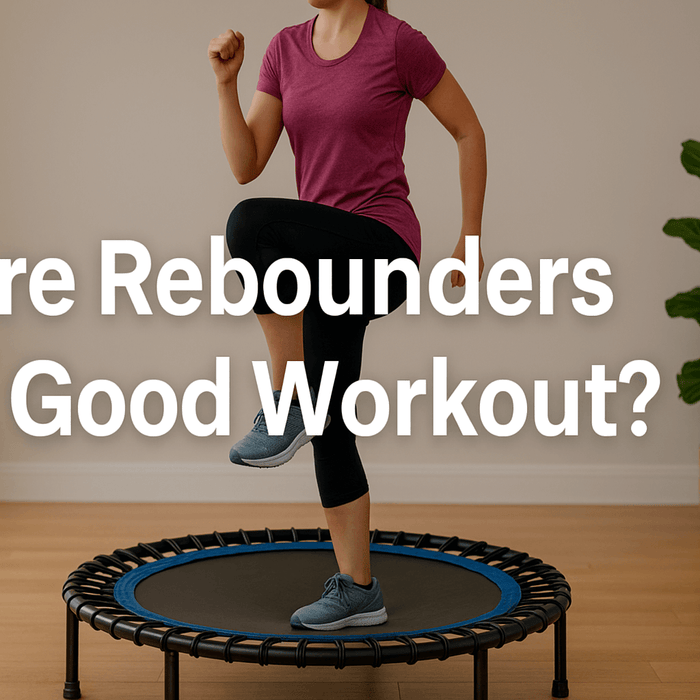 woman-exercising-on-rebounder-mini-trampoline-indoor-fitness-banner-with-title-are-rebounders-a-good-workout-centered-text-showing-rebounder-trampoline-benefits