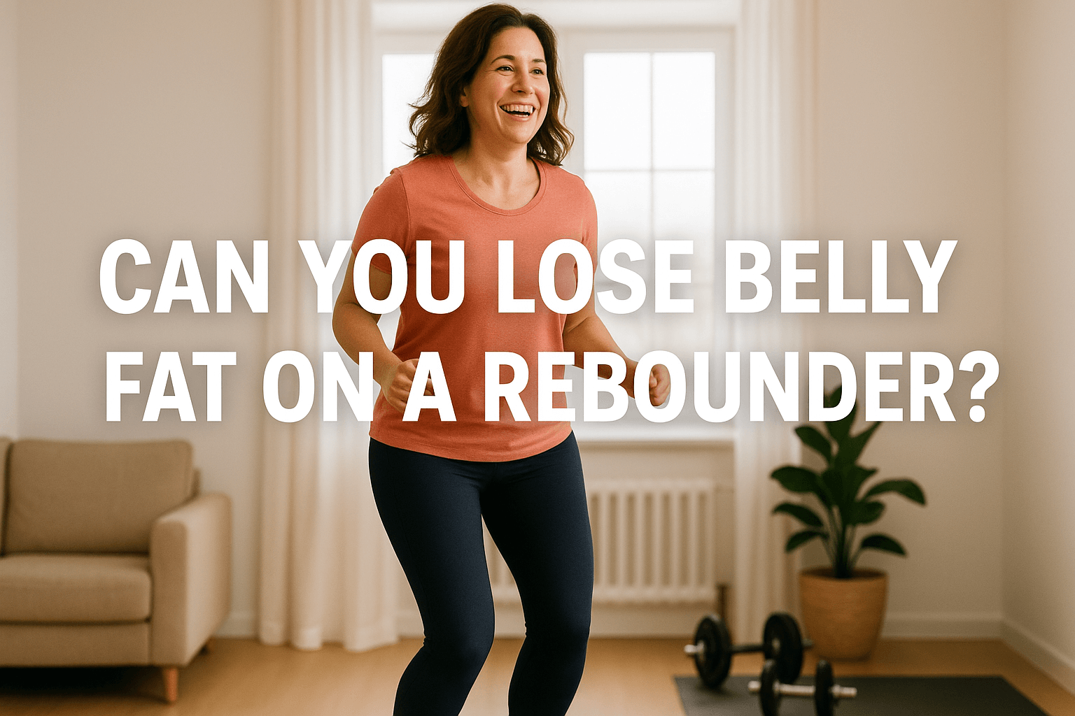 woman-bouncing-on-rebounder-trampoline-in-living-room-smiling-wearing-coral-top-and-navy-leggings