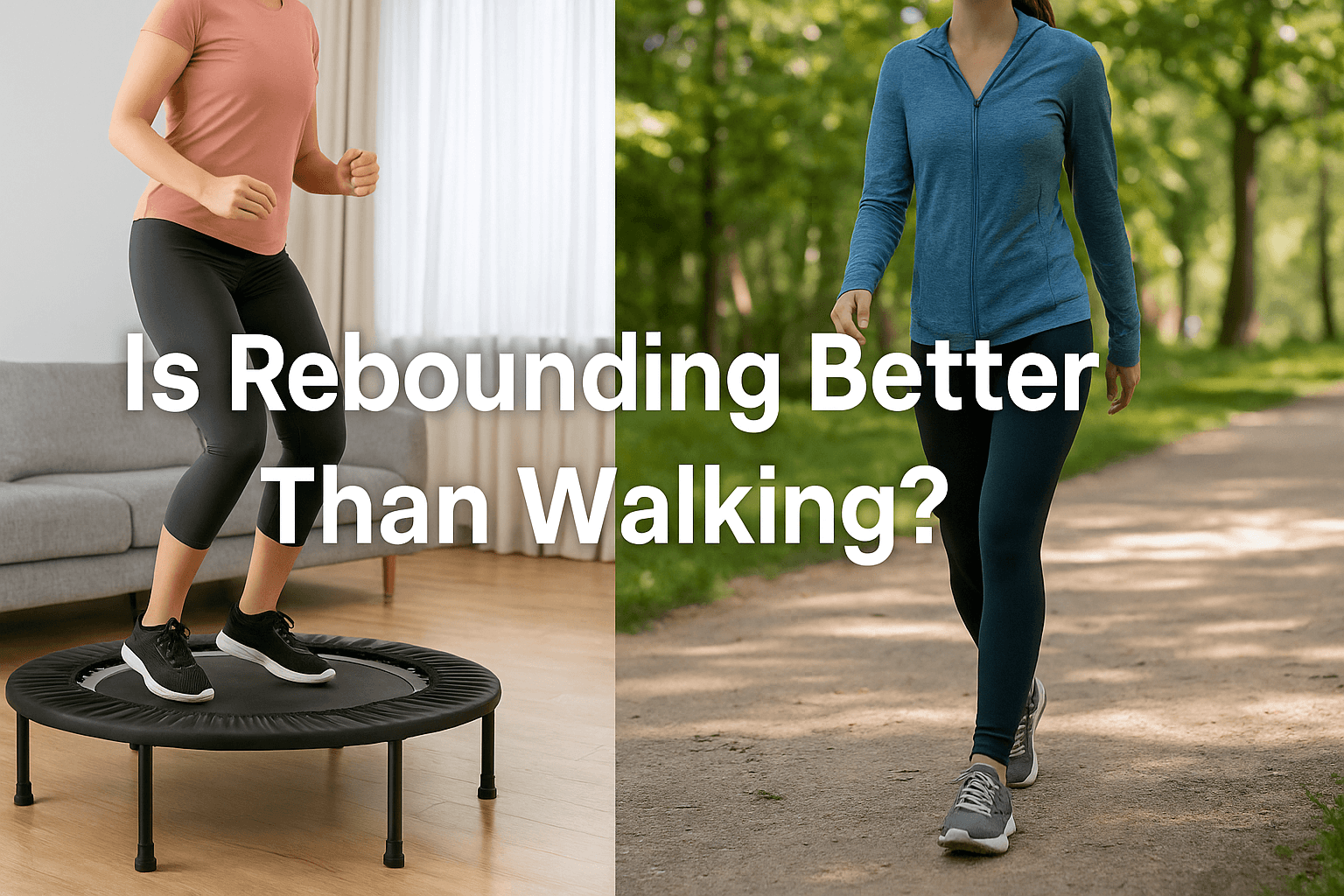 is-rebounding-better-than-walking-banner-showing-woman-exercising-on-rebounder-trampoline-uk-indoors-and-another-woman-walking-in-park-split-scene-green-trees
