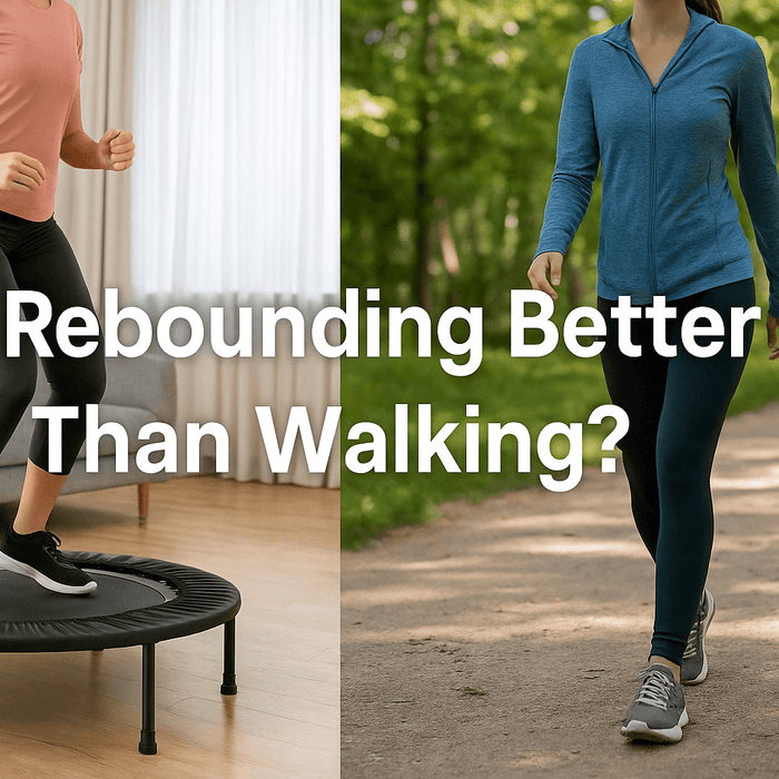 is-rebounding-better-than-walking-banner-showing-woman-exercising-on-rebounder-trampoline-uk-indoors-and-another-woman-walking-in-park-split-scene-green-trees