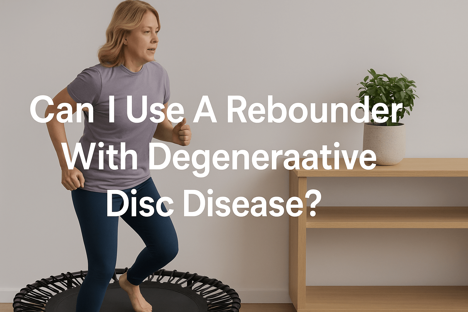 woman-exercising-on-rebounder-mini-trampoline-at-home-with-text-can-i-use-a-rebounder-with-degenerative-disc-disease-in-center-trampolines-uk