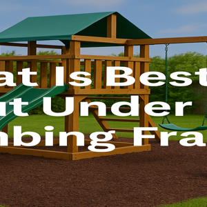 wooden-climbing-frame-in-garden-with-green-slide-and-swing-set-on-rubber-mulch-surface-text-overlay-what-is-best-to-put-under-a-climbing-frame