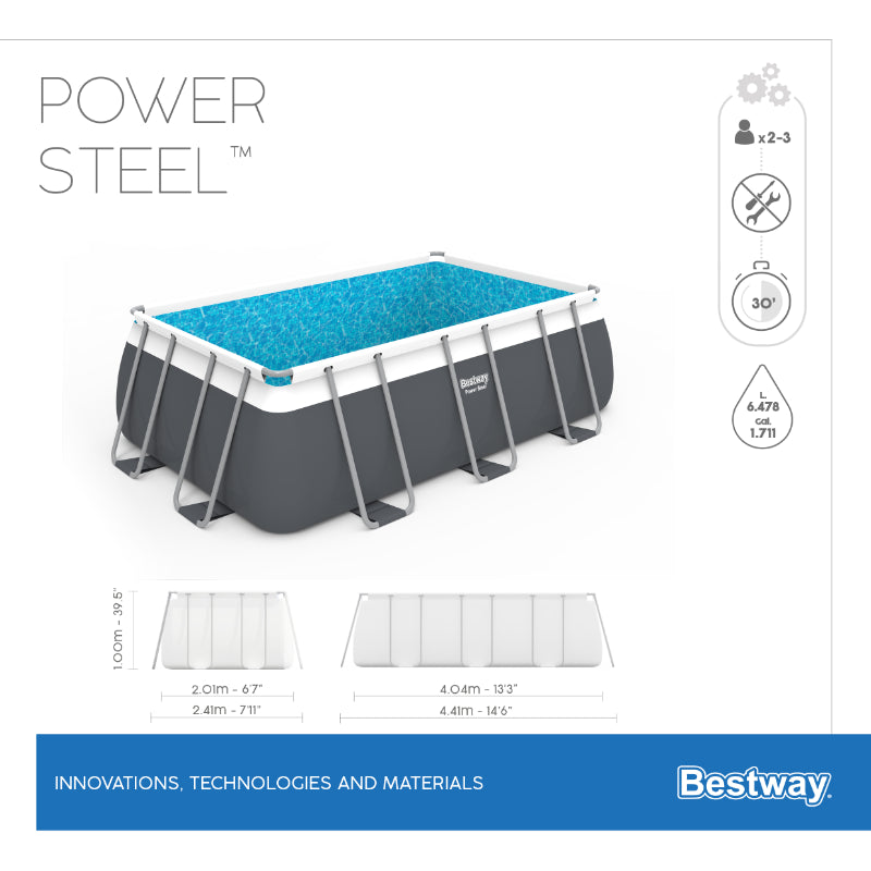 Bestway Power Steel 13'3" x 6'7" x 39.5"/4.04m x 2.01m x 1.00m Rectangular Pool Set size info