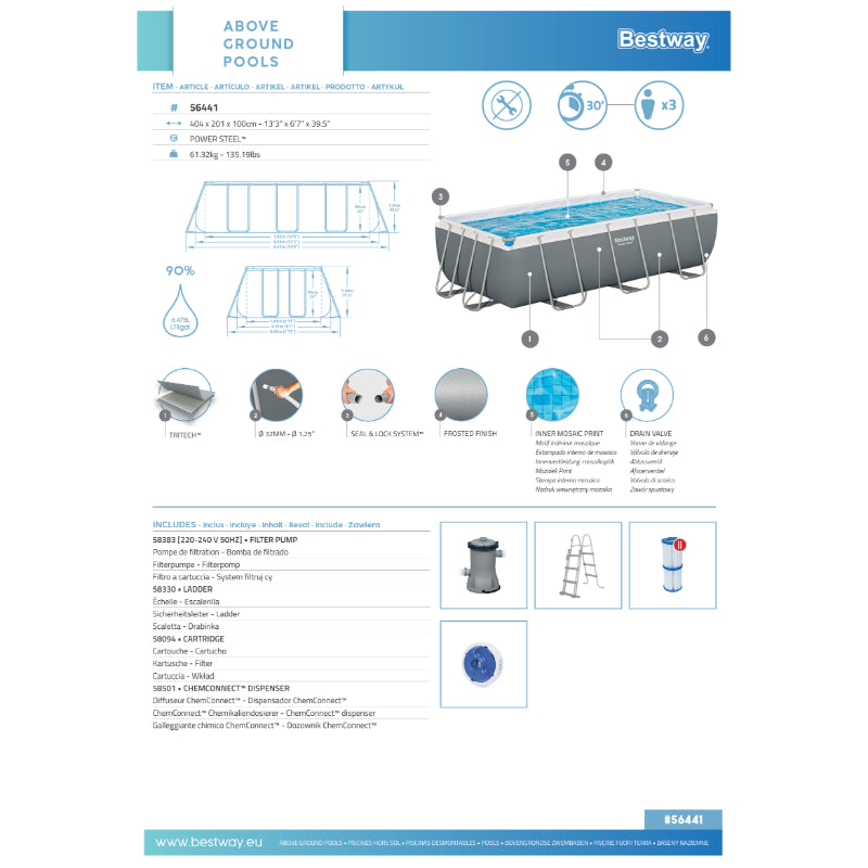 Bestway Power Steel 13'3" x 6'7" x 39.5"/4.04m x 2.01m x 1.00m Rectangular Pool Set details